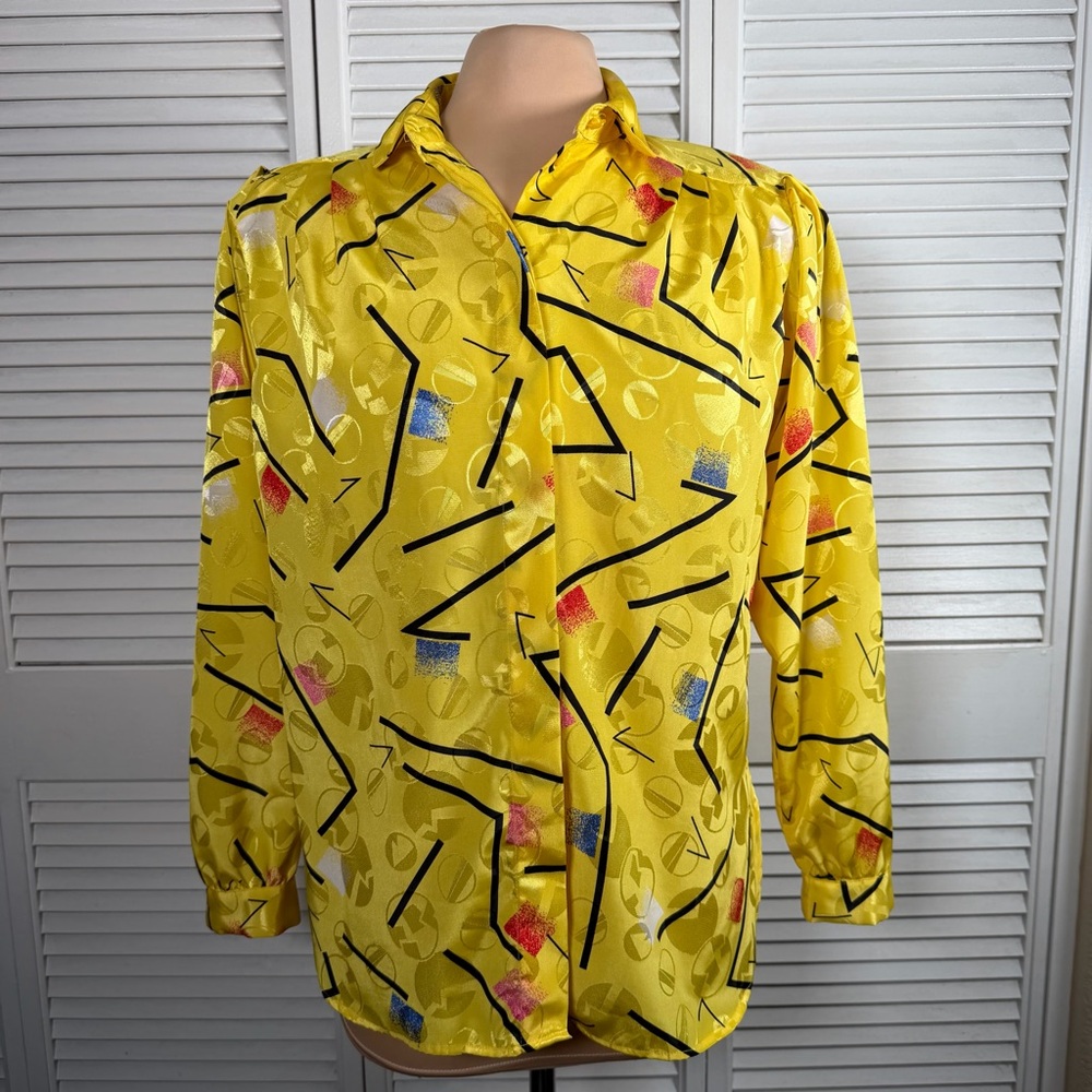 TESS Paris Milano Vintage 80s Abstract Yellow Blouse Shoulder‎ Pads – Size 8